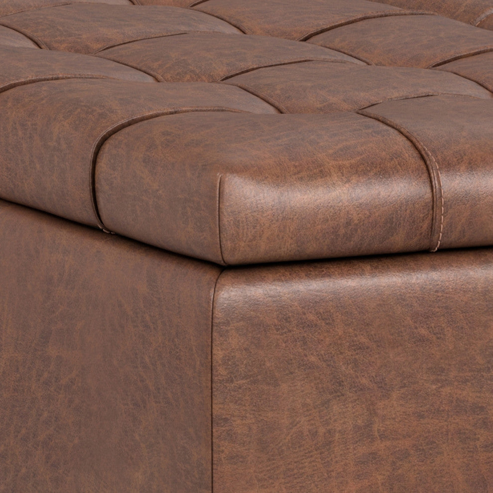 Laura Mid Century Lift Top Storage Ottoman, Distressed Saddle Brown