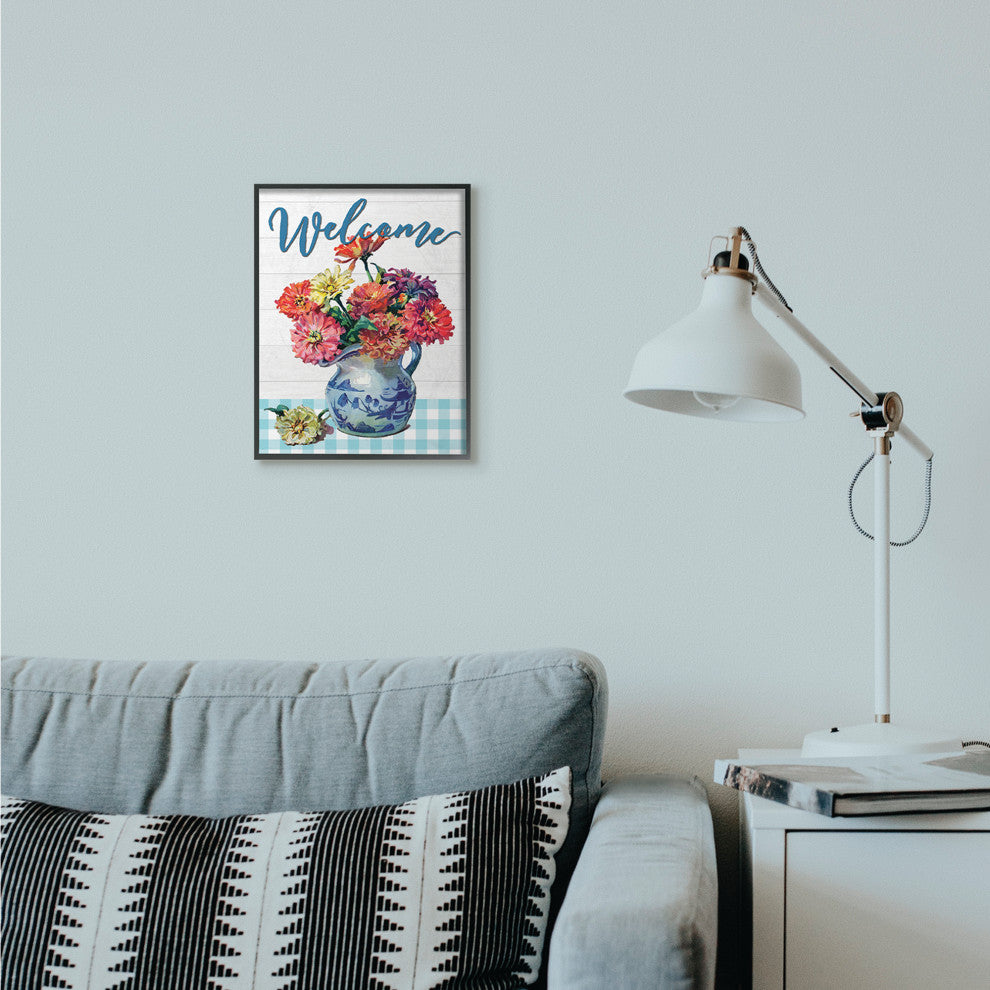 Welcome Flower Pot Blue Plaid Rustic Word Design, 11"x14", Black Frame