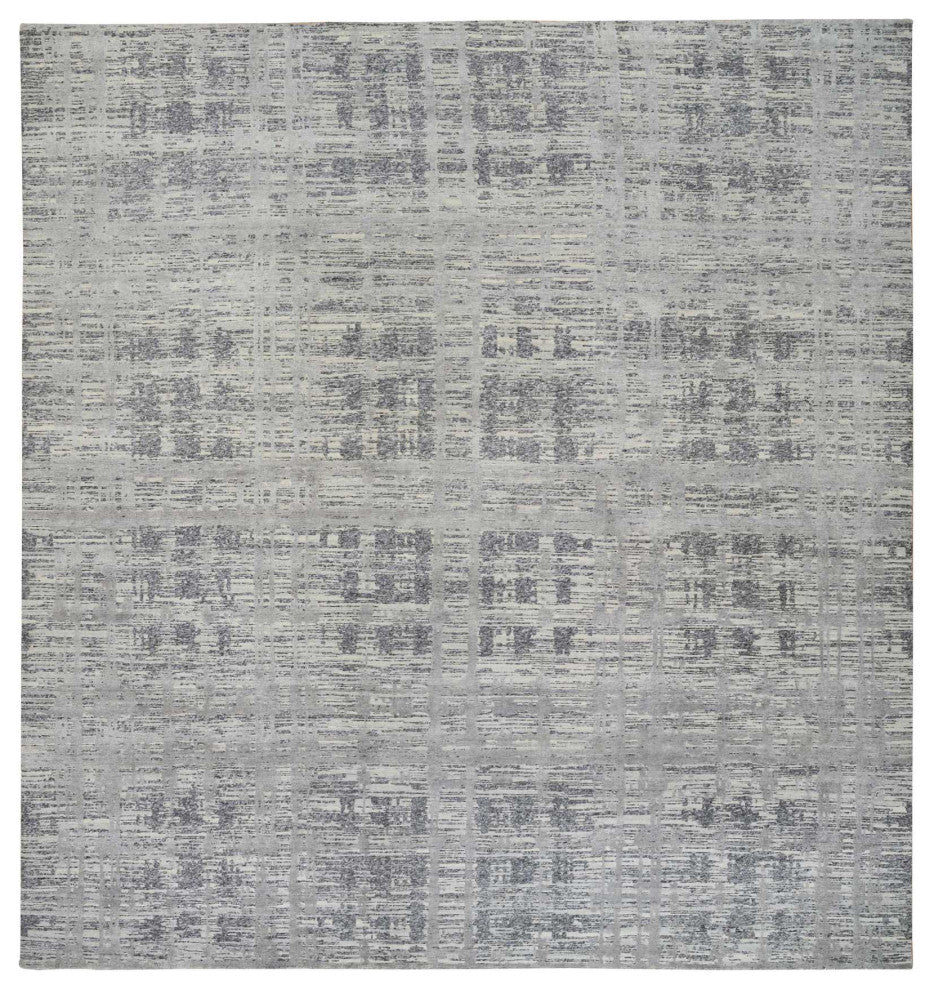 Light Gray, Modern Design, Natural Wool, Hand Knotted Square Rug, 13'7"x14'0"
