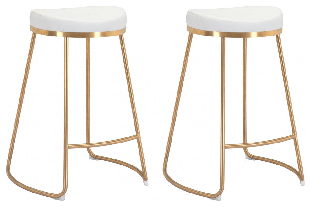 Set of Two White and Gold Modern Glam Geo Backless Counter Stools