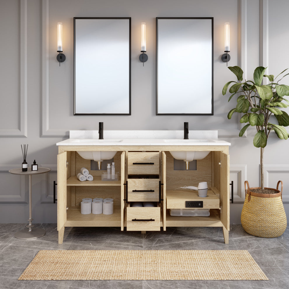 Vienna 60" Double Vanity With With Power Bar and Drawer Organizer, White Oak