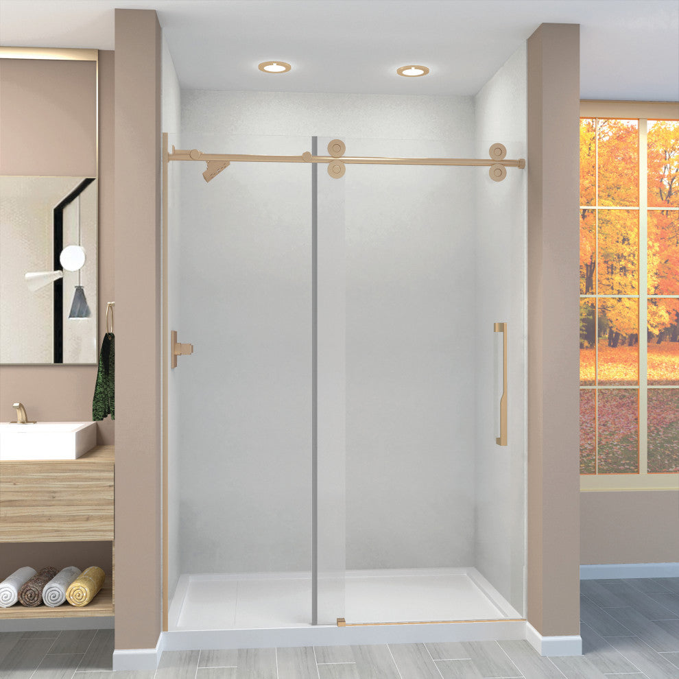 Teegan Sliding Shower Door, Fixed, Clear Glass, Champagne Bronze, Justin Handle