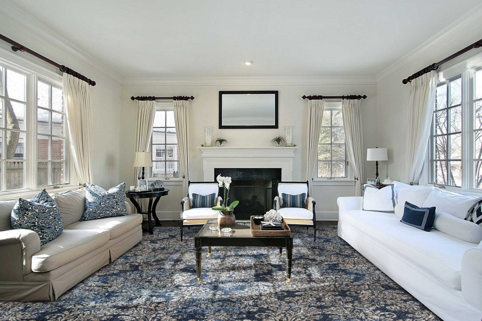 HomeRoots 5'x8' Slate Blue Machine Woven Damask Indoor Area Rug