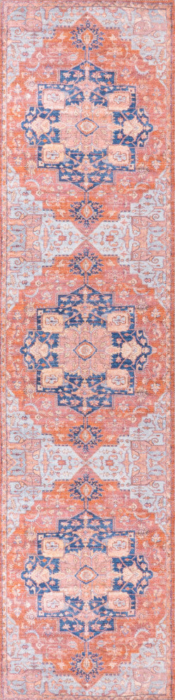 Maris Ornate Medallion Machine Washable Indoor Area Rug, Orange/Cream, 2 X 8