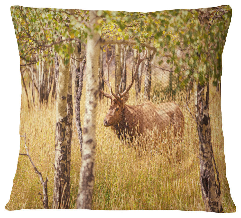 Deer in Thick Forest Grassland Landscape Printed Throw Pillow, 18"x18"