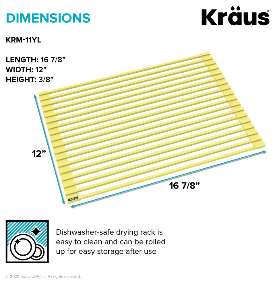 Kraus KRM-11YL Multipurpose Workstation Sink Roll-Up Dish Drying Rack, Yellow