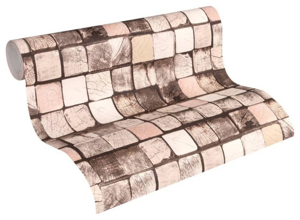 Faux Textured Wallpaper, Wood Mozaic, Brown Cream Pink, Sample