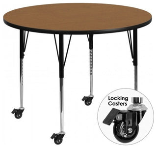 Mobile 60'' Round Oak Thermal Laminate Activity Table-Adjustable Legs