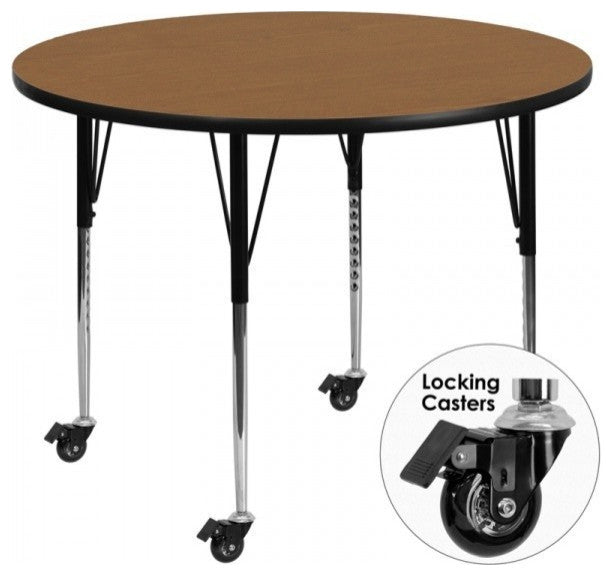 Mobile 60'' Round Oak Thermal Laminate Activity Table-Adjustable Legs