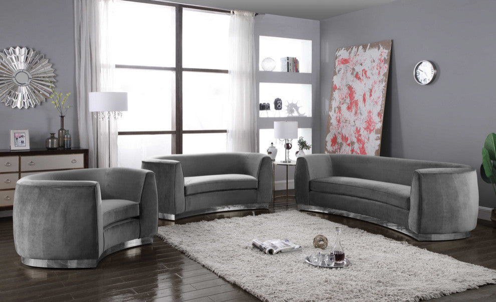 Julian Velvet Upholstered Sofa, Gray, Chrome Base