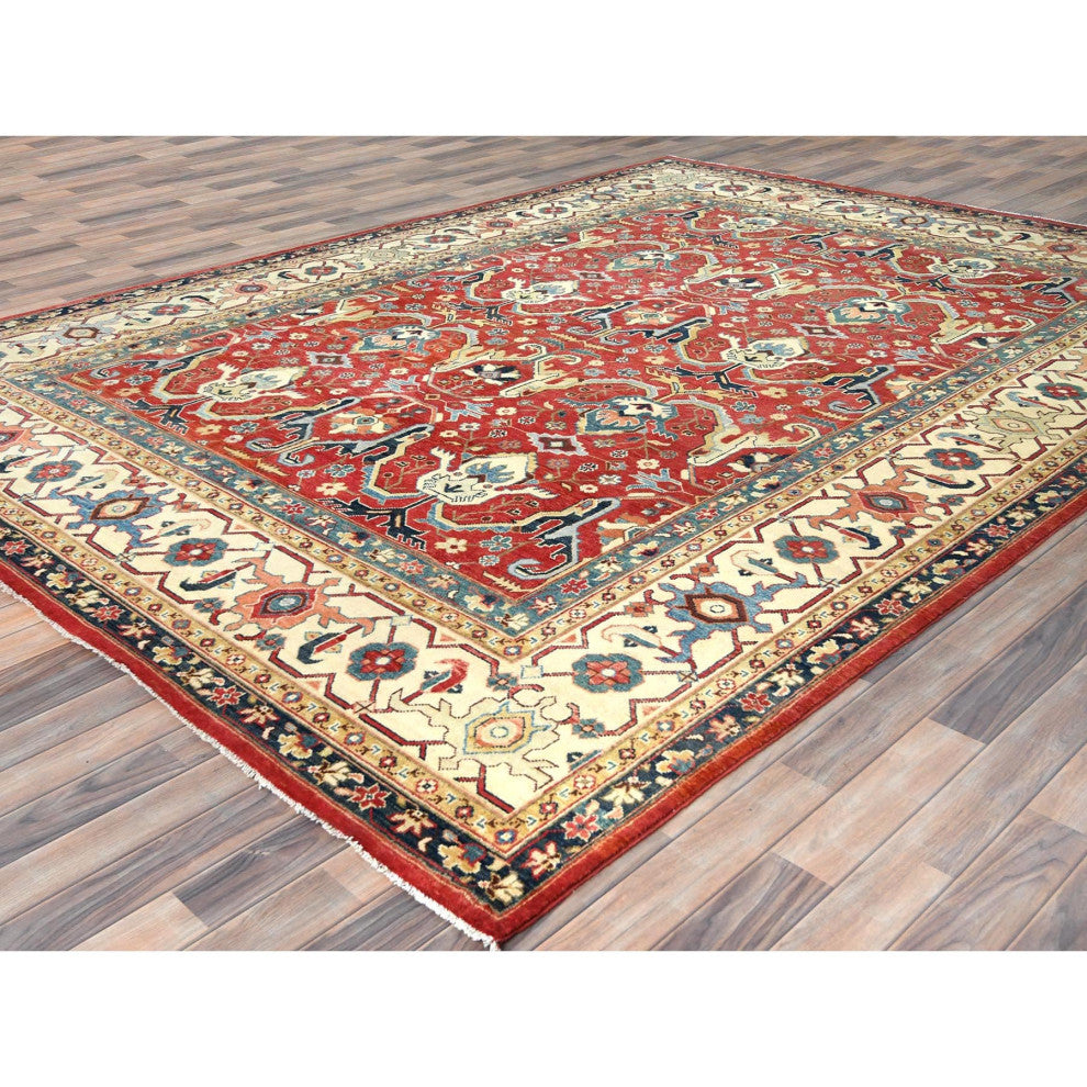 Soft Red Dense Weave Pure Wool Hand Knotted Bijar Garus Design Rug, 9'0"x12'0"