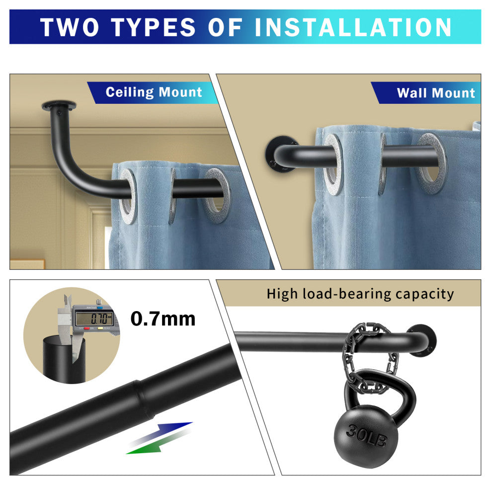 Energy Saving Wrap Around Black Out Return Adjustable Window Curtain Metal Rod, Black, 96-144"