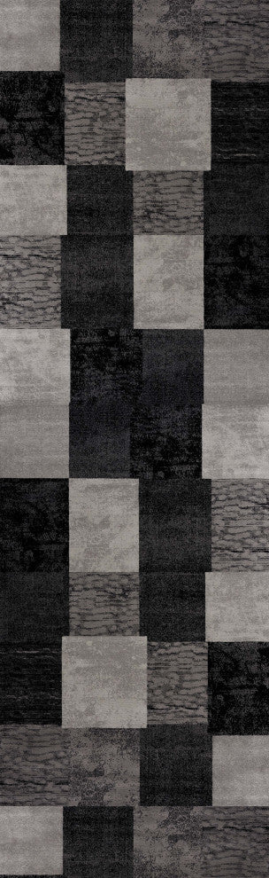 Rug Branch Modern Geometric Checkered Grey Black Runner Rug - 2'x13'