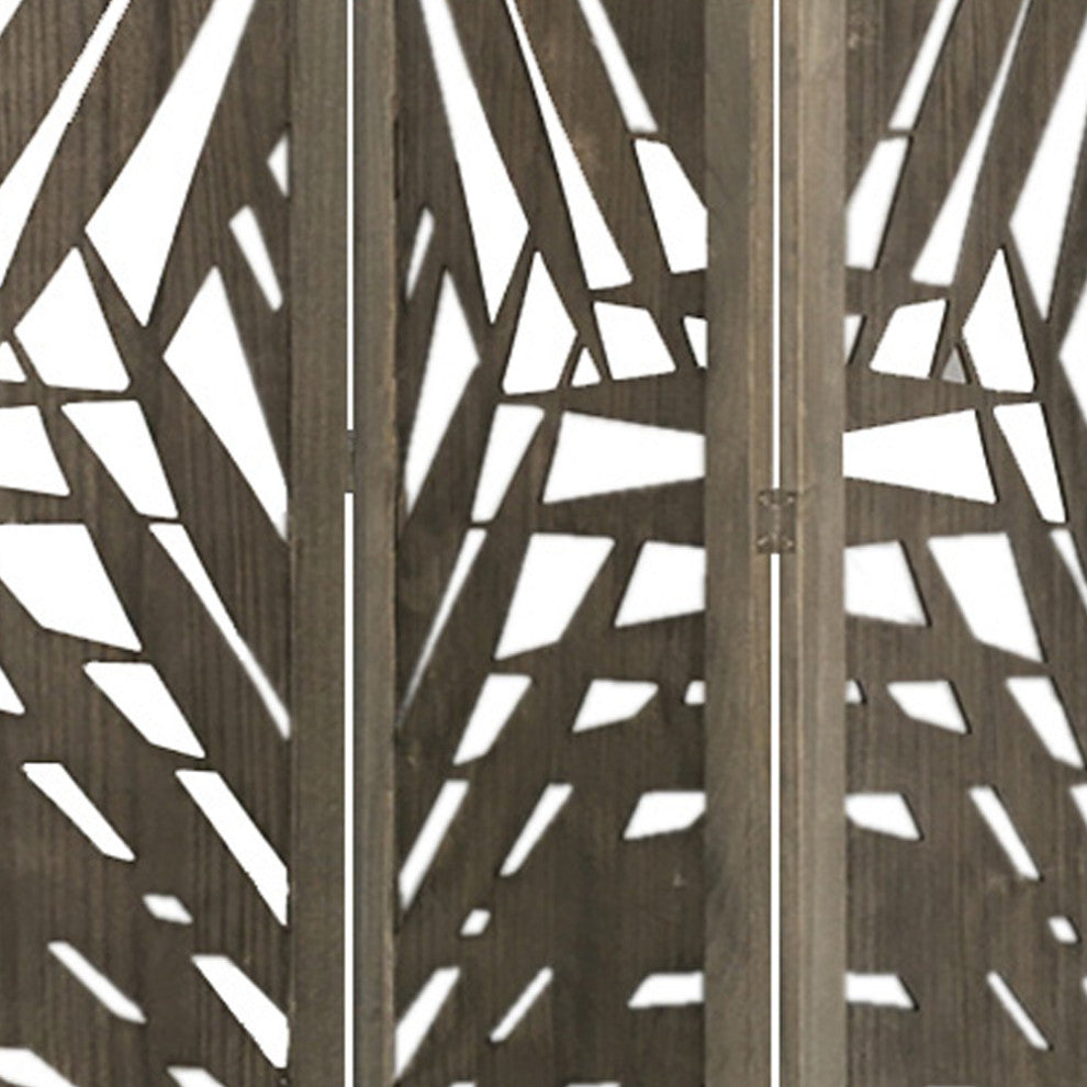 Benzara BM228617 3 Panel Wooden Screen with Laser Cut Tropical Leaf Design, Gray