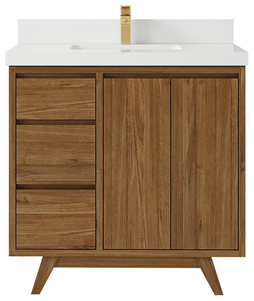 Madison Teak 36 Center Sink Bath Vanity in Dark Natural 2" White Quartz