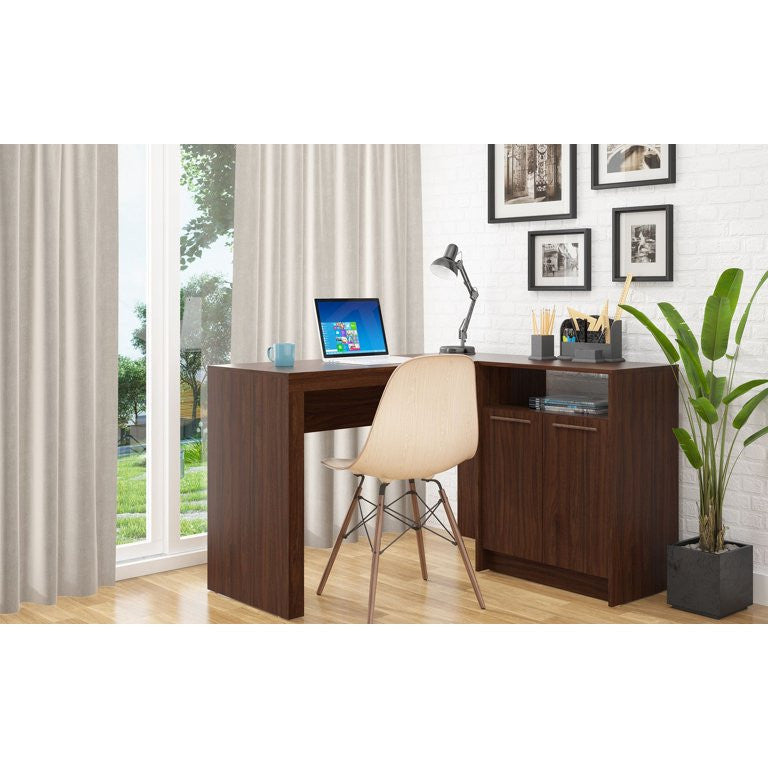 Traditional L-Shaped Desk, 2 Doors Cabinet With Upper Open Shelf, Dark Brown