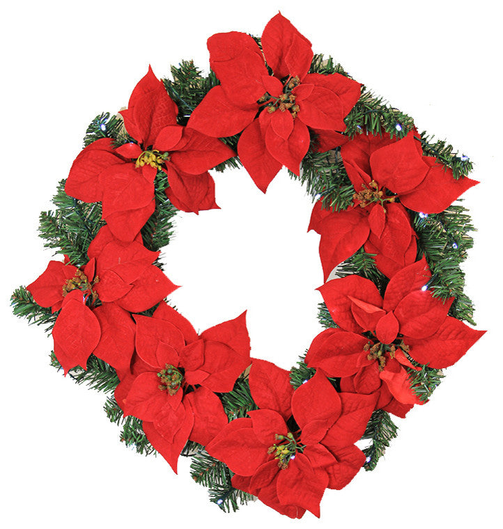 Pre-Lit B/O Artificial Poinsettia Christmas Wreath, Clear LED Lights, 24"