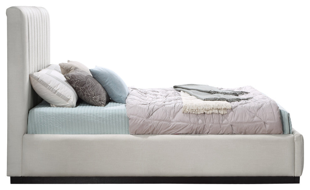 Lucia Beige Linen Textured Fabric Full Bed, Beige, Full, Black Finish