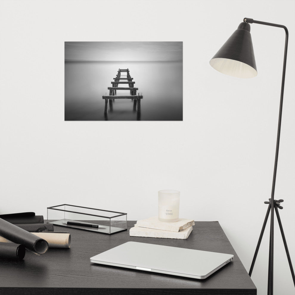 Soft Lake & Abandoned Pier Black & White Landscape Photo Loose Wall Art Print, 12" X 18"