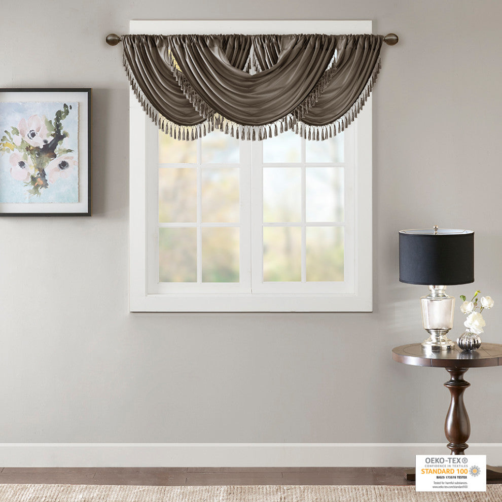Madison Park Elena Silky Sheer Window Valance with Tassels, Bronze, Brown