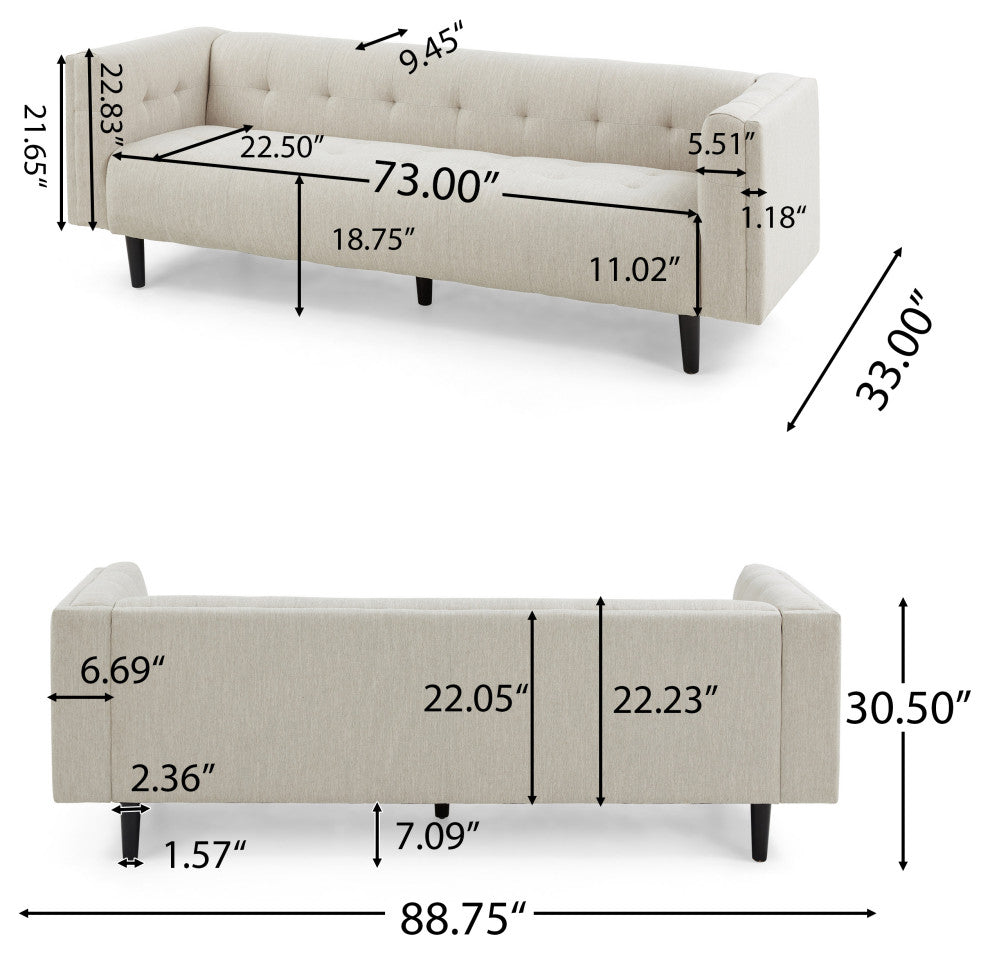Plano Mid-Century Modern Tufted 3-Seater Sofa, Light Gray/Dark Brown, Beige/Dark Brown