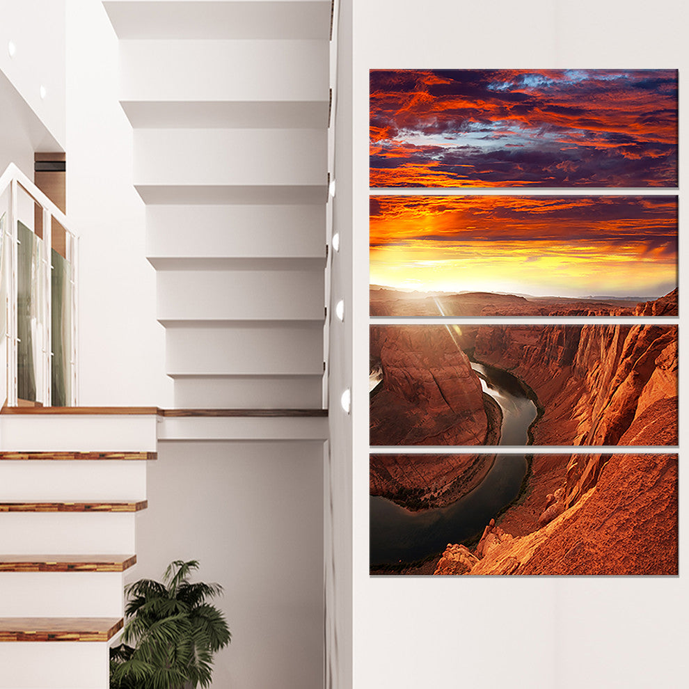 Horse Shoe Bend under Sunset Sky, Landscape Canvas Art, 28"x48", 4 Panels