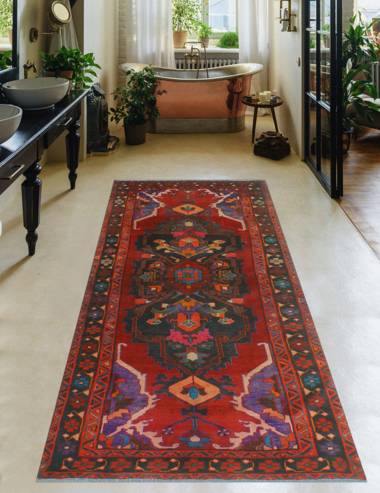 Fine Vintage Distressed Atif Red/Charcoal Runner, 4'0x9'1