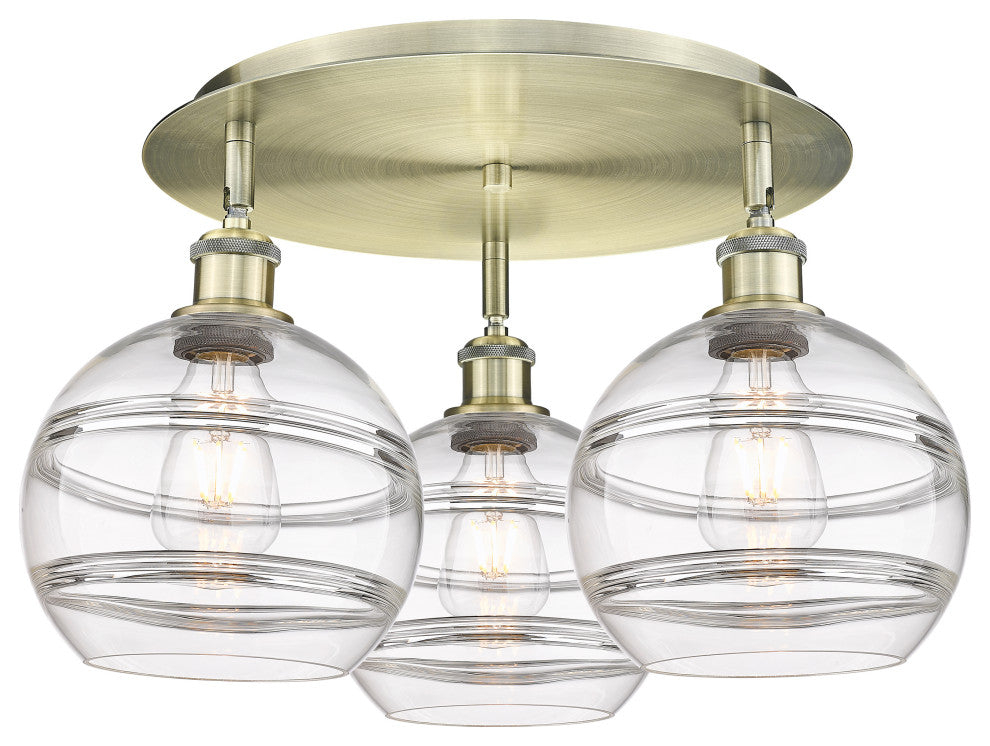 Ballston-Rochester 3-Light 20" Flush Mount, Antique Brass, Clear