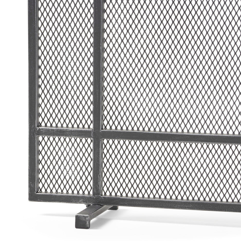 Markus Modern Single Panel Iron Firescreen, Black Brushed Silver Finish