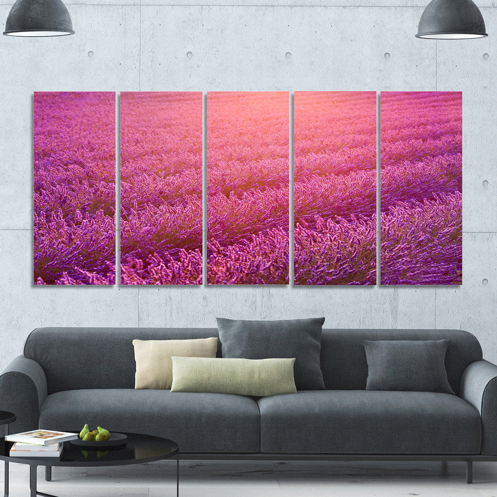 Lavender Field and Ray of Light, Floral Canvas Art Print, 60"x28", 5 Panels