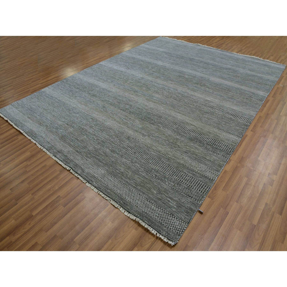 Dim Gray Hand Knotted Modern Grass Design Undyed Wool Oriental Rug 8'11"x12'