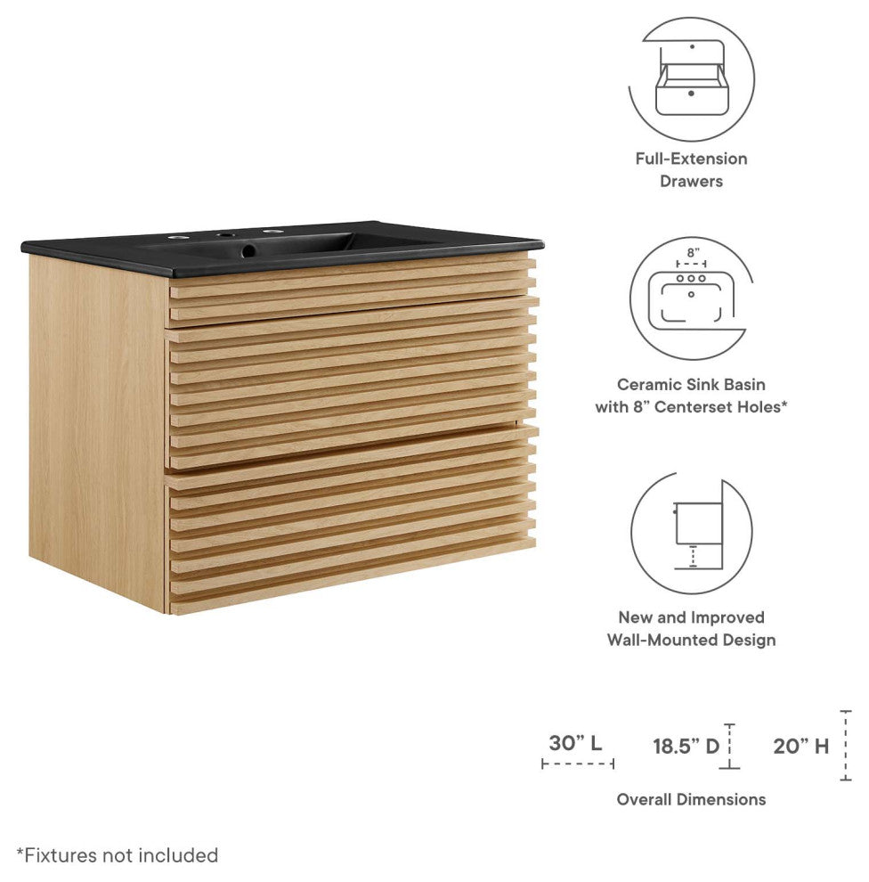 Render 30" Wall-Mount Bathroom Vanity, Oak Black