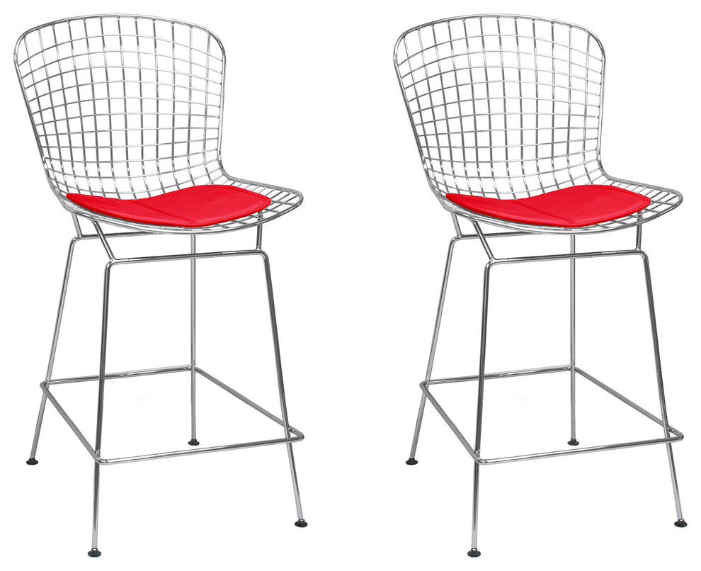 Mid Century Modern Chrome Wire Barstool, Set of 2, Red