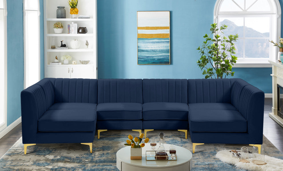 Alina Velvet Modular U-Shaped Sectional, Navy, 6-Piece: 4 Armless Chair, 2 Corner Chair