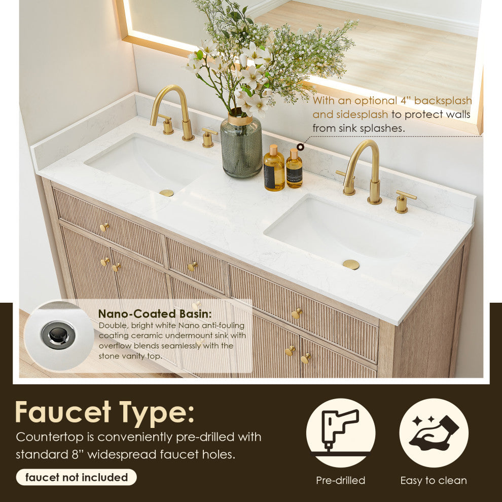 Cerrito Bathroom Vanity, Natural Oak, 60" Double, With Mirror
