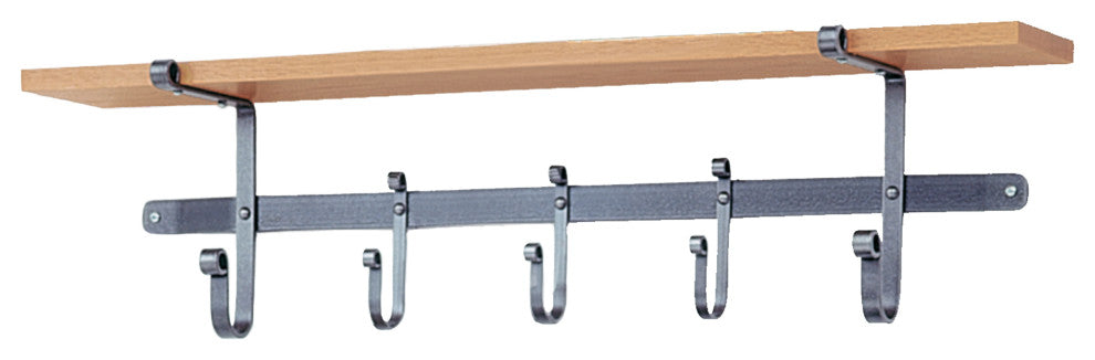 Handcrafted 36" Coat Rack with Solid Hard Wood Shelf & 5 Hooks Hammered Steel