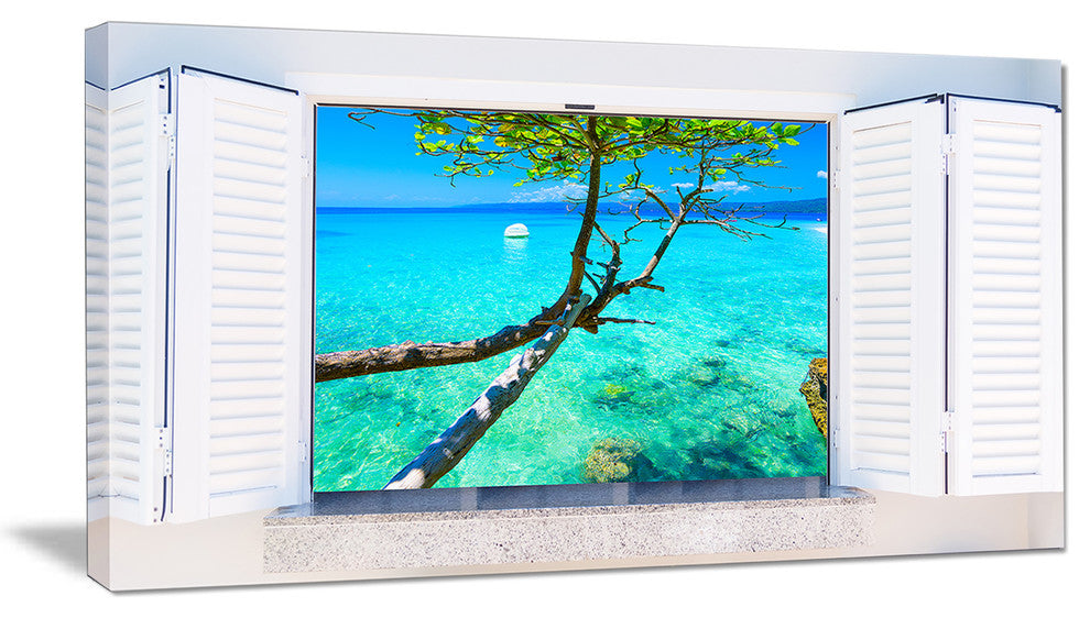 "Open Window To Gorgeous Seashore" Modern Seascape Wall Art, 1 Panel, 60"x28"