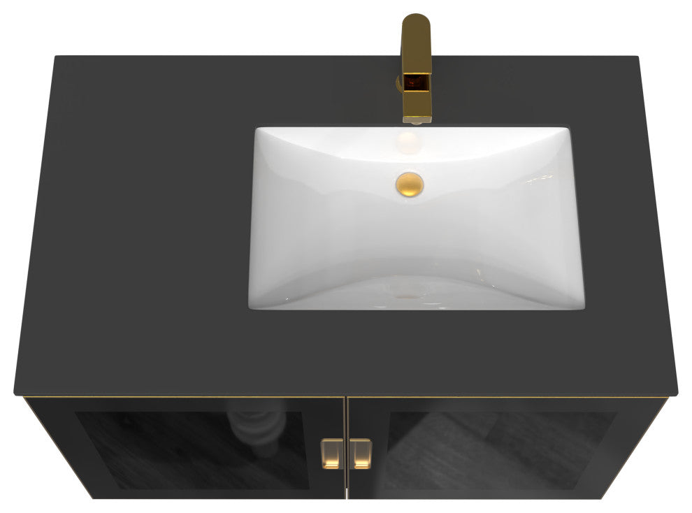Solaria Glass Facade Floating Vanity, 36", Black Porcelain Top, Right Sink