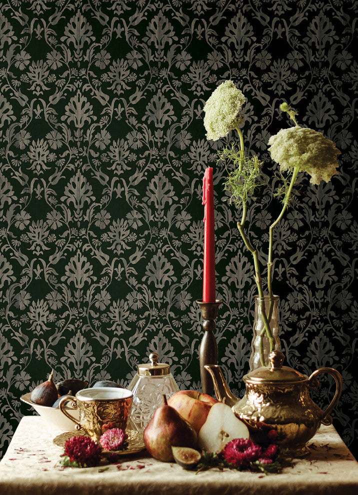 Blooming Damask Deep Green Peel and Stick Wallpaper