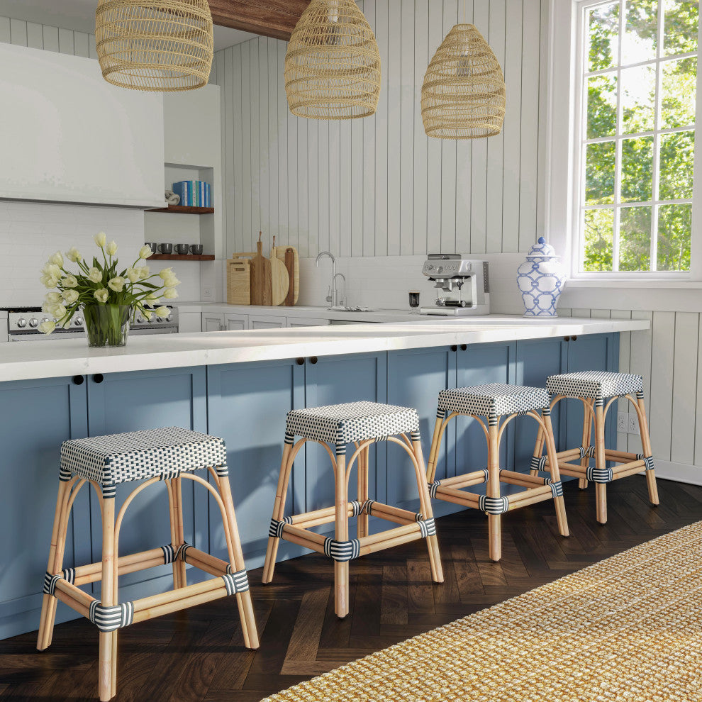 Robias Rectangular Rattan 24.5" Counter Stool, Navy and White