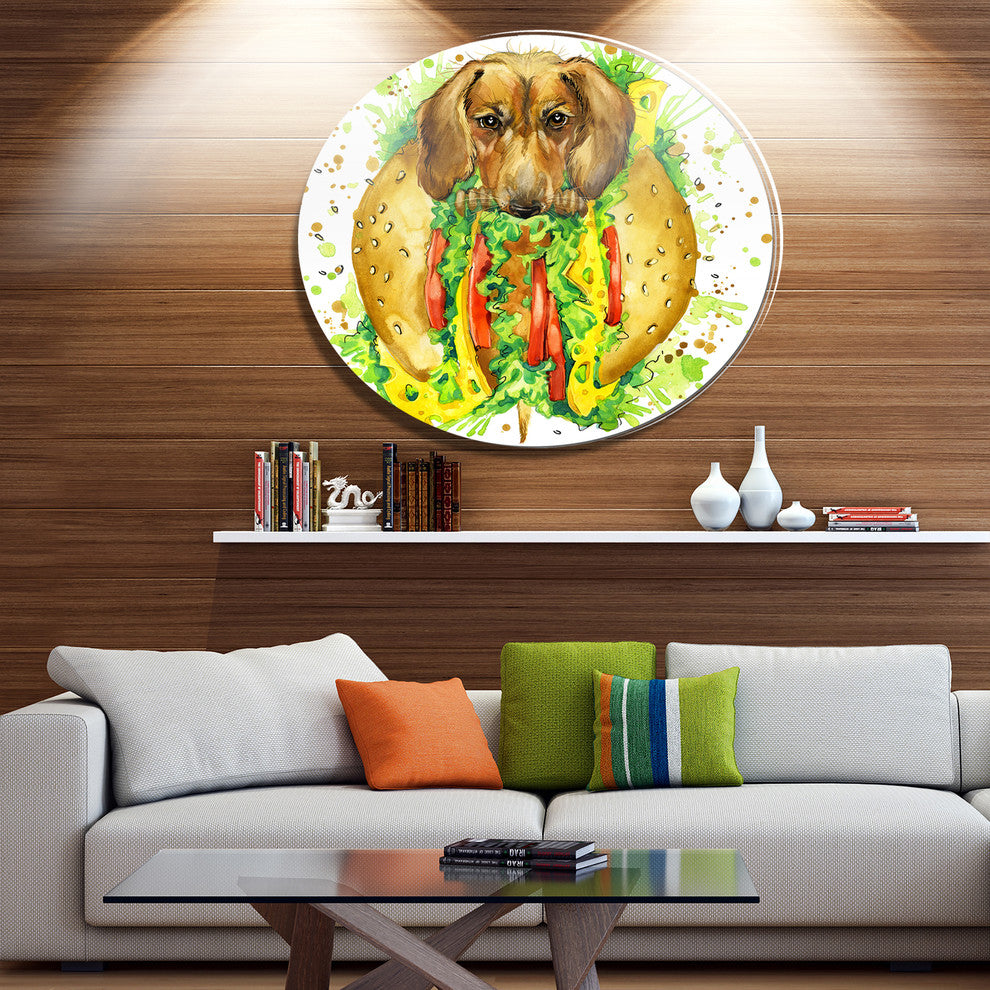 Funny Dog Inside Sandwich, Animal Art Disc Metal Wall Art, 11"