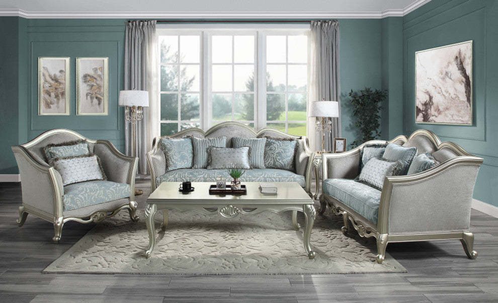 ACME Qunsia Sofa With 5 Pillows, Light Gray Linen and Champagne Finish