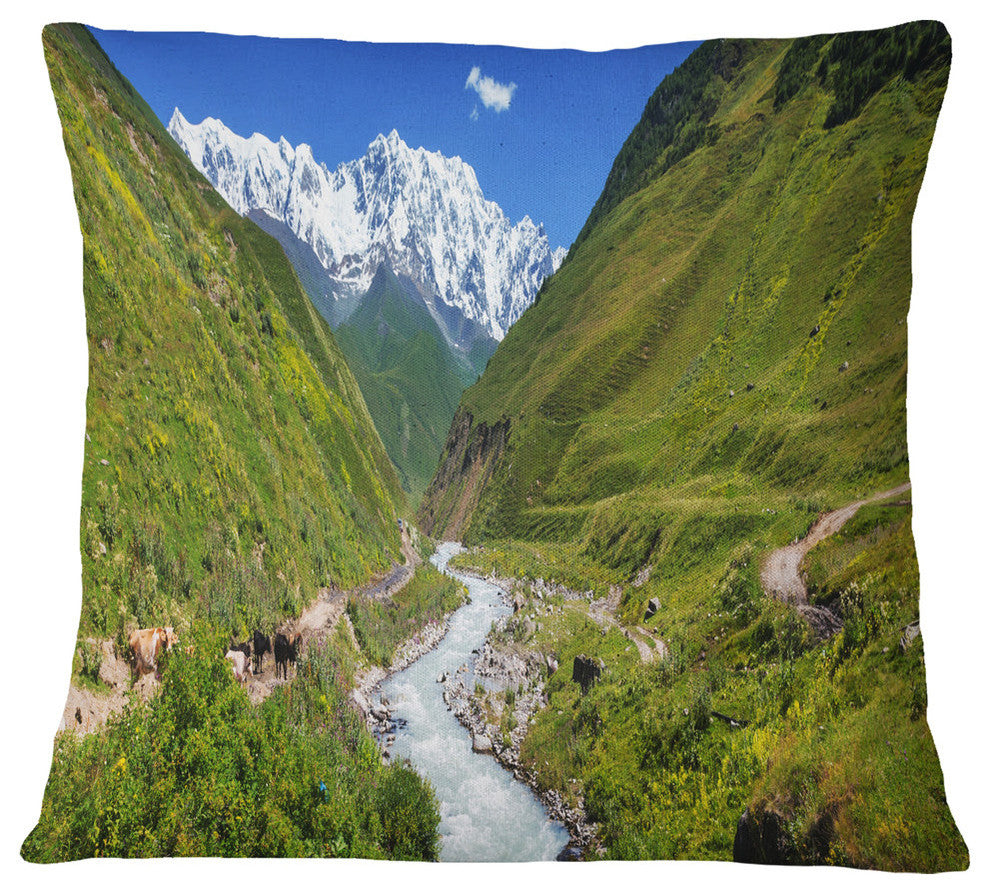 River in Caucasus Mountains Landscape Printed Throw Pillow, 18"x18"