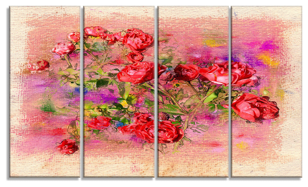 Roses Pastel Chalk Illustration, Floral Art Canvas Print, 48"x28", 4 Panels