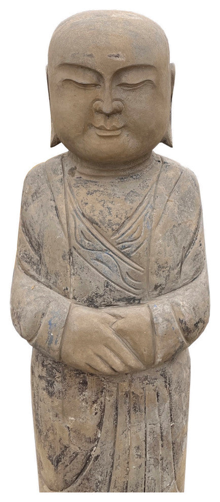 Pair Chinese Stone Carved Standing Zen Garden Monk Lohon Statues Hcs7645