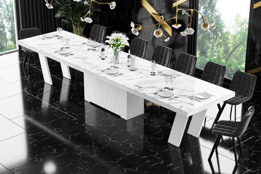 ALETA Dining Set, Marble/White/Grey