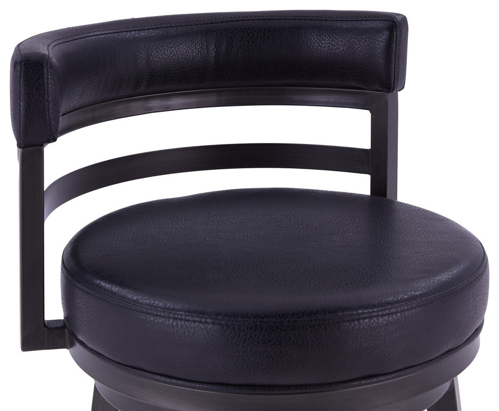 Benzara BM282098 Swivel Bar Stool, Vegan Leather, Curved Back, Black, Gray