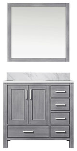 36" Distressed Gray Single Vanity, Marble Top, Sink and 34" Mirror, Left Version
