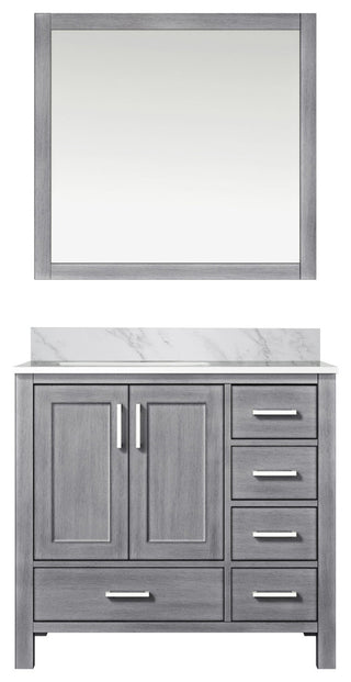 36" Distressed Gray Single Vanity, Marble Top, Sink and 34" Mirror, Left Version