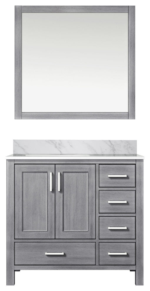 36" Distressed Gray Single Vanity, Marble Top, Sink and 34" Mirror, Left Version